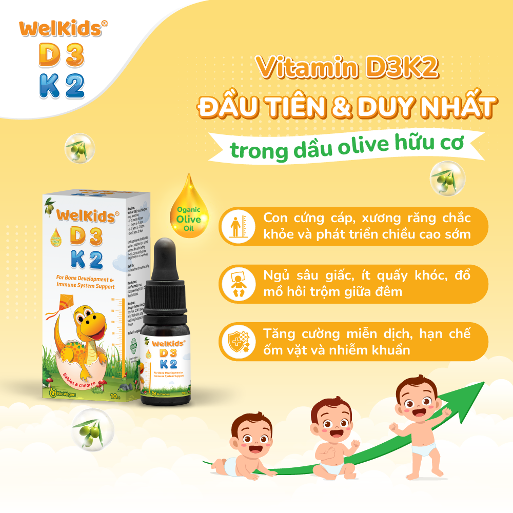 WelKids D3K2® trong dầu oliu hữu cơ tăng hấp thu 142% Vitamin K2 tinh khiết cho trẻ từ 0 tháng tuổi