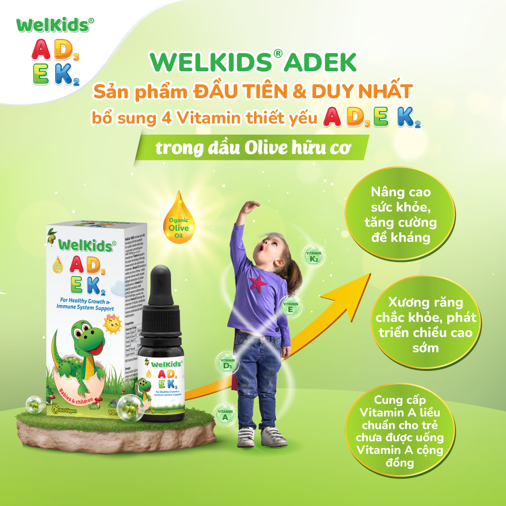 WelKids® ADEK tinh khiết bổ sung vitamin A, D3, E và K2 MK7 tan trong dầu olive hữu cơ