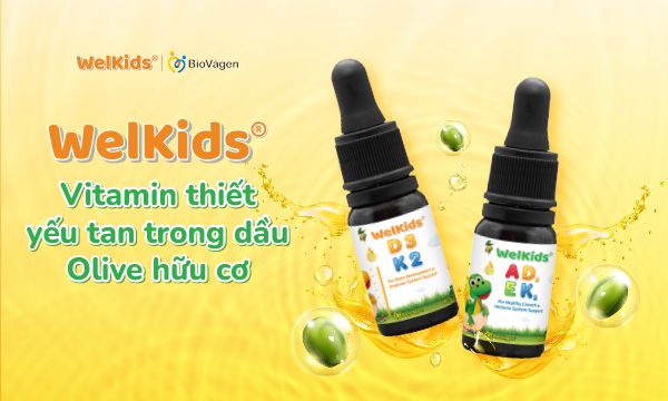 Welkids là sản phẩm Vitamin đầu tiên và duy nhất trong dầu olive hữu cơ với liều lượng chuẩn cho trẻ sinh