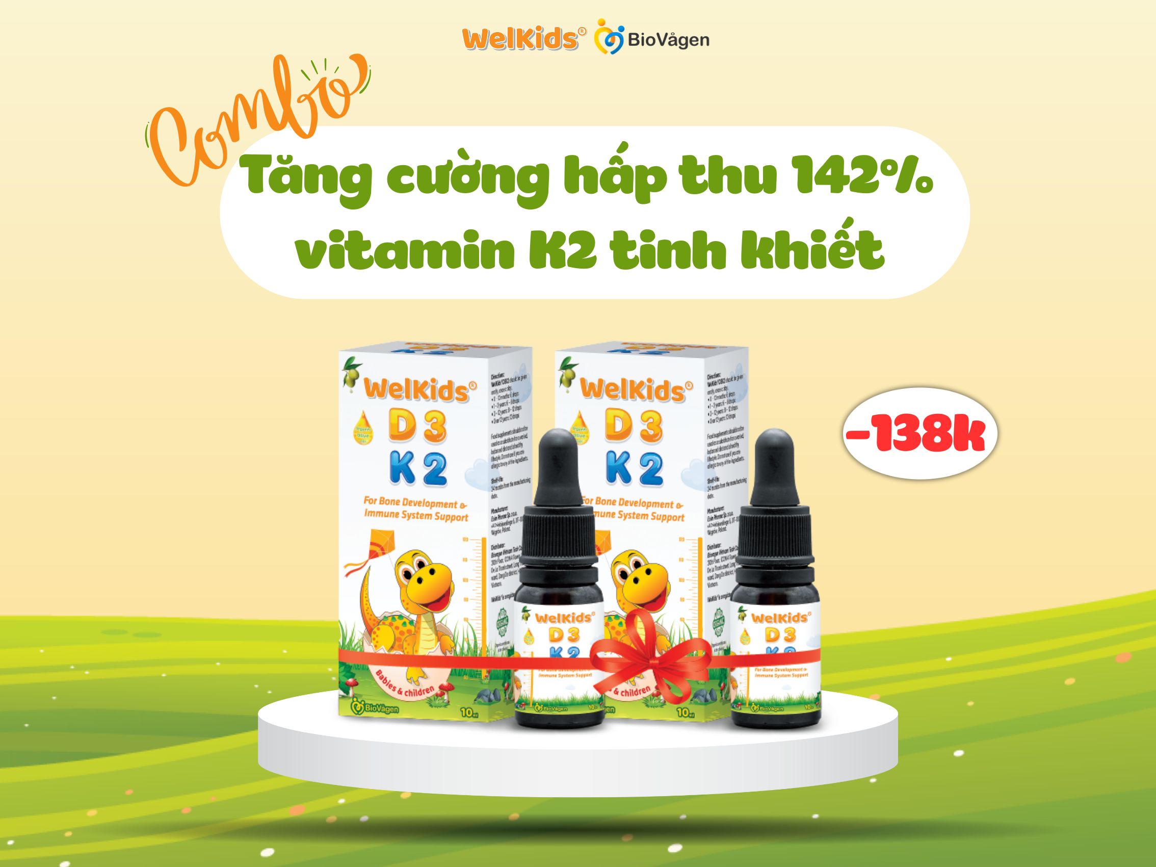 Combo tăng cường hấp thu 142% vitamin K2 tinh khiết cùng WelKids®