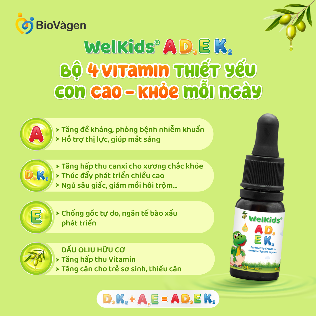 Duy nhất WelKids ADEK bổ sung đủ bộ 4 Vitamin thiết yếu: D3K2 + A + E