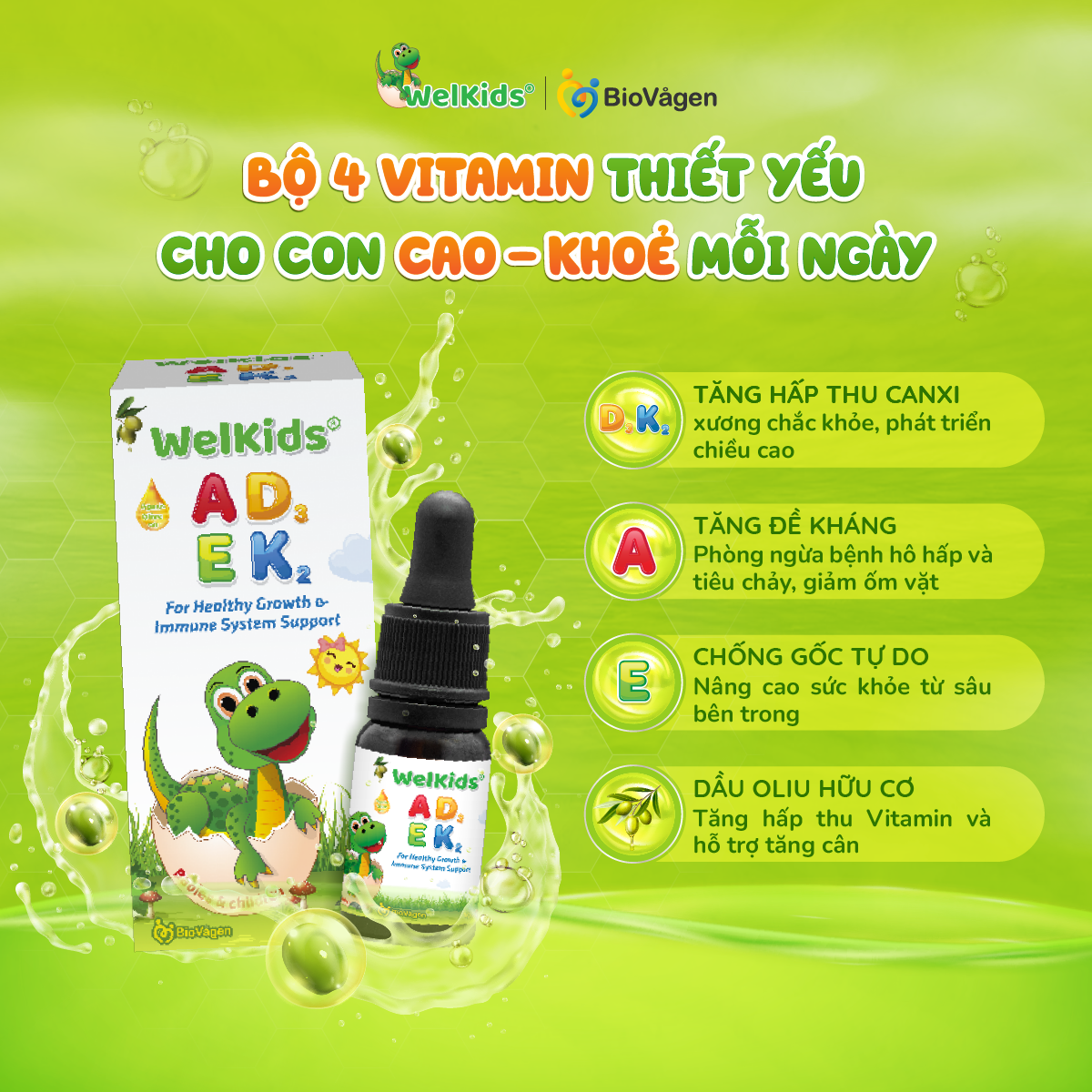 WelKids ADEK kết hợp D3K2 + Vitamin A, E cho con Cao - Khỏe mỗi ngày