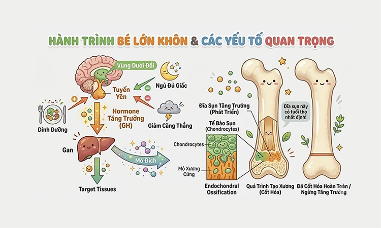 Chiều cao tăng trưởng thông qua quá trình kéo dài hệ xương dài, diễn ra tại các đĩa sụn tăng trưởng nằm ở đầu xương